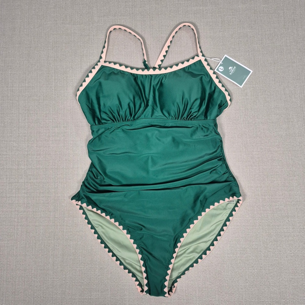 Eomenie Womens Green Ruched One Piece Swimsuit Ric Rac Trim Size L New